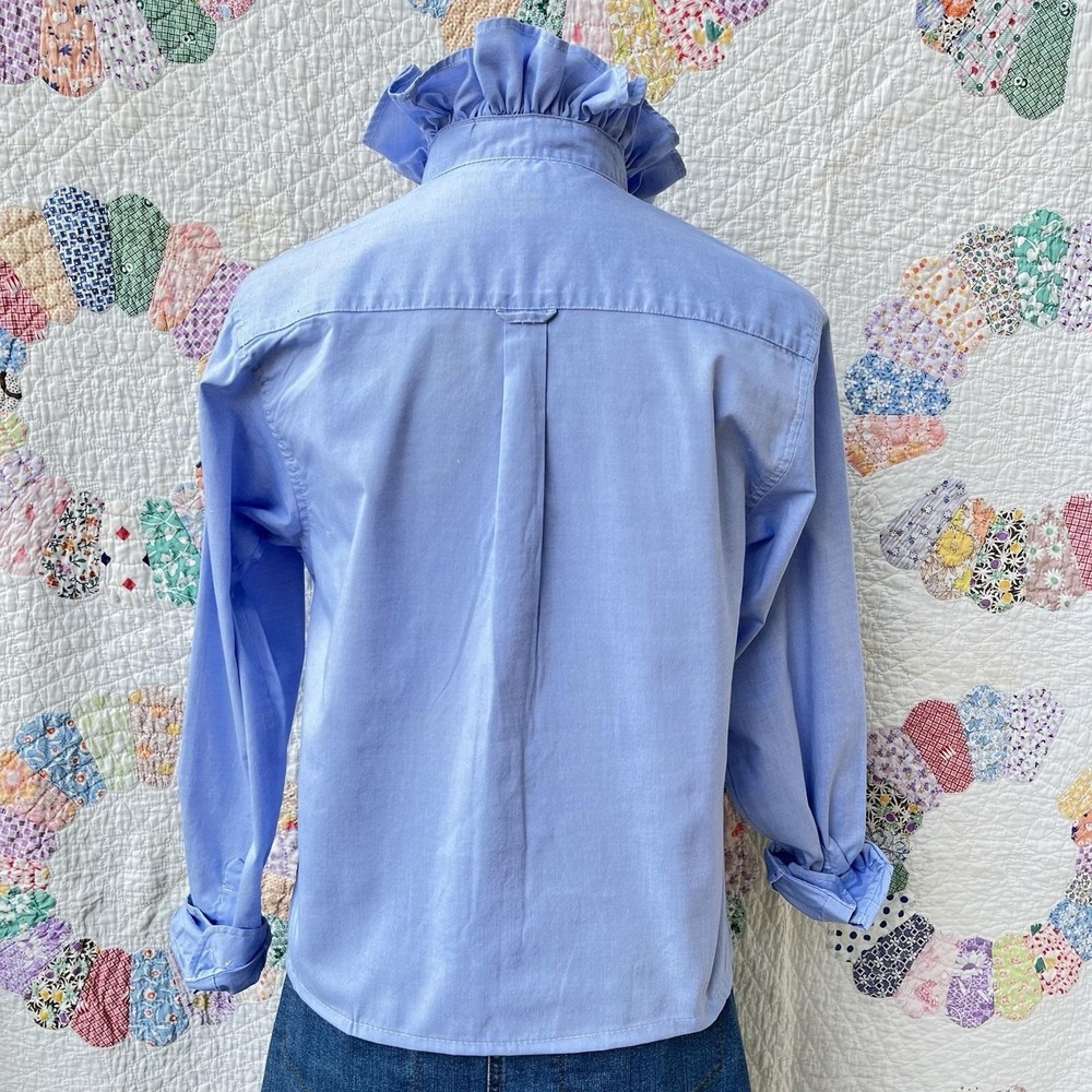 Upcycled Re-worked Chaps Sky Blue Preppy Oxford Cloth Ruffle Collar Shirt S - Picture 4 of 9